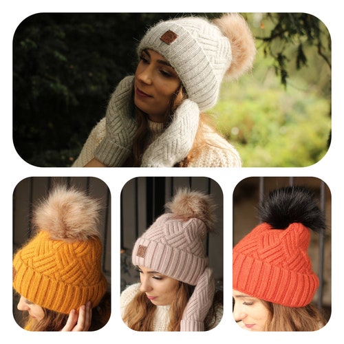 women's wooly hats with fur pom pom