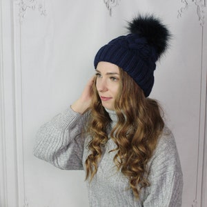 Winter woolen hat for ladies, fleece lining hat, pom pom beanie Blue