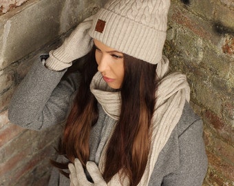 Cashmere set for women: hat, gloves, scarf set, Knit set, cozy and super soft women winter cashmere set.