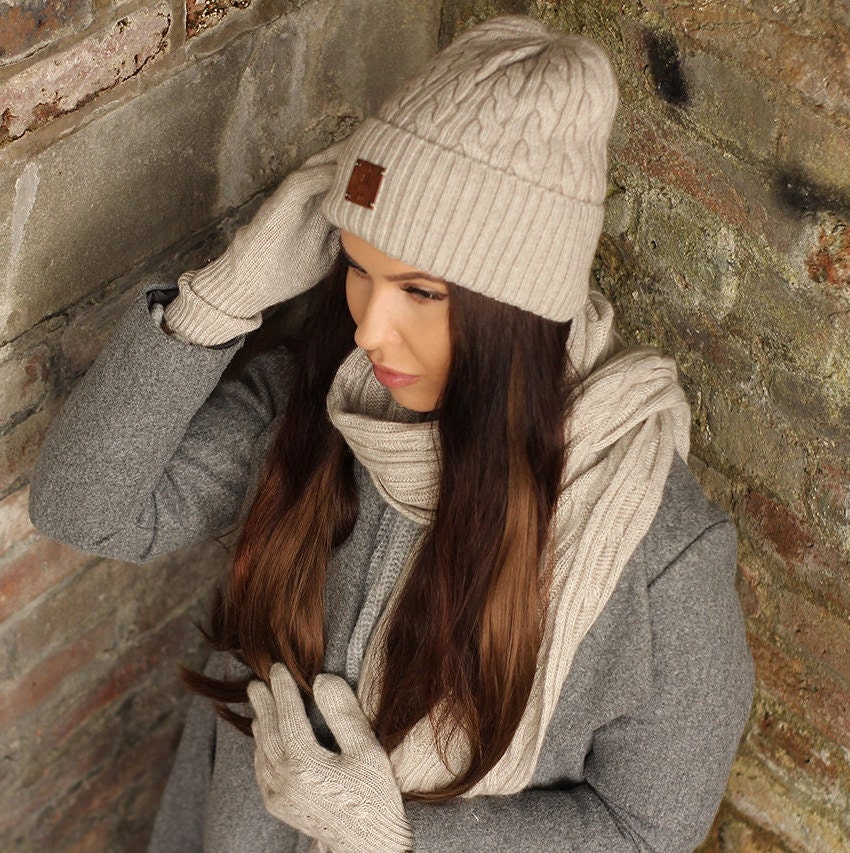 100% Cashmere Beanie Hat, Scarf & Gloves Set Dark Grey