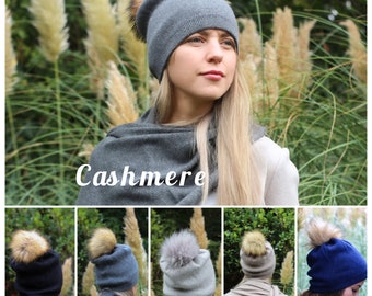 Cashmere Faux fur pom pom hat, Women winter double layer beanie, Gift for her