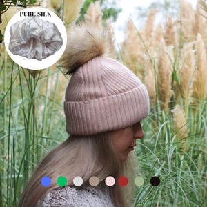 Cashmere & 100% PURE SILK Lined Hat – Winter Beanie with Faux Fur Pom Pom, Frizz-Free, for Curly Hair, Luxury Gift for Her