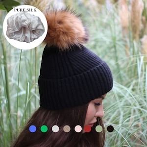 Cashmere & 100% PURE SILK Lined Hat – Winter Beanie with Fox Fur Pom Pom, Frizz-Free, for Curly Hair, Luxury Gift for Her