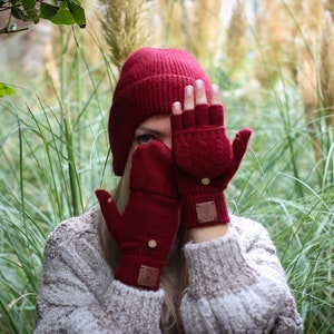 Cashmere fingerless gloves, Flappers mittens gloves, Convertible mittens, Gift for her, Gift for him Burgundy