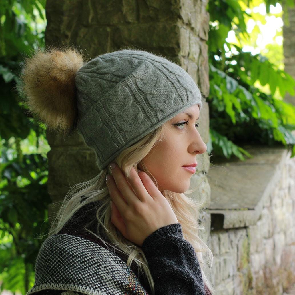 SILVERFEVER Cashmere Slouchy Beanie – Pom Pom Hat For Women, Mint Yellow, Hand Wash