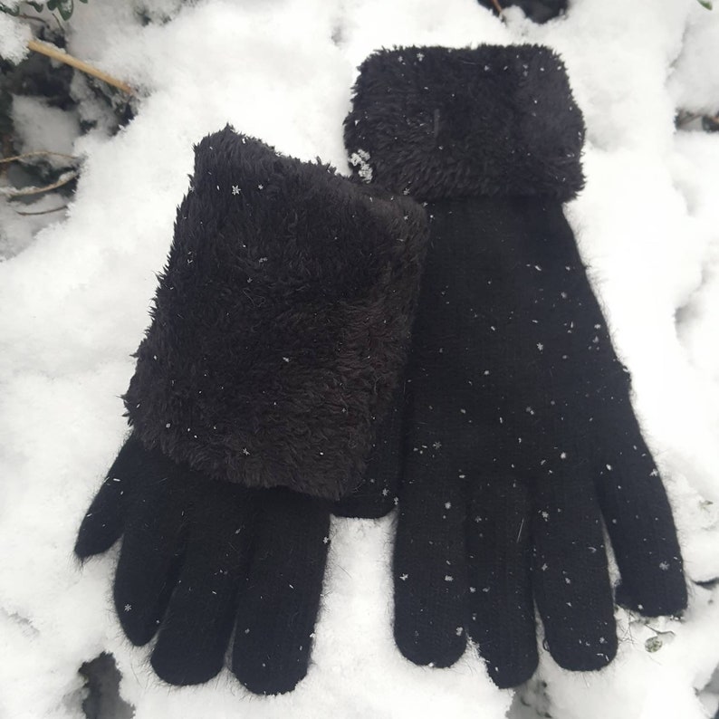 Angora wool gloves, lined gloves, warm and thick womens winter gloves. Black