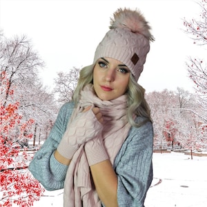Cashmere set for women: Faux fur pom pom hat, gloves, scarf, Knit set, Cozy and soft women winter cashmere set. Gift for her.