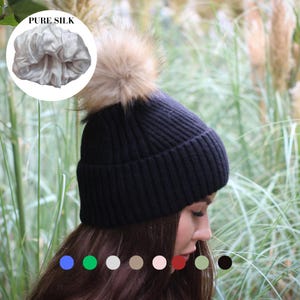 Cashmere & 100% PURE SILK Lined Hat – Winter Beanie with Faux Fur Pom Pom, Frizz-Free, for Curly Hair, Luxury Gift for Her