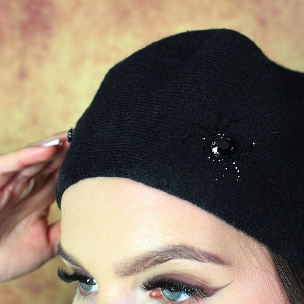 Cashmere beret, Women winter hat, French cashmere beret, Crystal embroidered beret, Gift for her