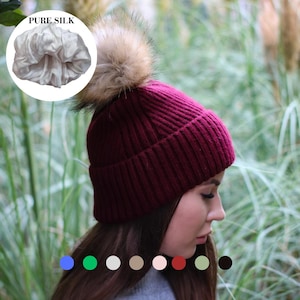 Cashmere & 100% PURE SILK Lined Hat – Winter Beanie with Faux Fur Pom Pom, Frizz-Free, for Curly Hair, Luxury Gift for Her