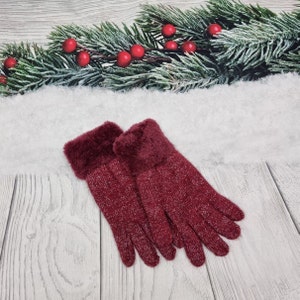 Angora wool gloves, lined gloves, warm and thick womens winter gloves. Burgundy