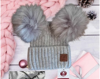 Gorro de invierno con forro de seda y cachemira para niños pequeños, gorro infantil con doble pompón, regalo para niños pequeños, regalo para niños