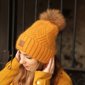 Yellow cashmere real fur pom pom hat