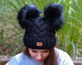 Bonnet d'hiver en laine pour femme, bonnet intérieur en polaire, bonnet à double pompon