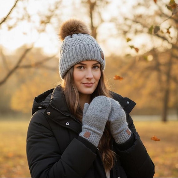 Gorro De Invierno Para Mujer De Cachemira Y Lana - Con Pompón De Piel Sintética - Caliente, Suave Y Con Estilo