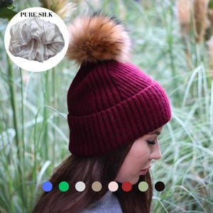 Cashmere & 100% PURE SILK Lined Hat – Winter Beanie with Fox Fur Pom Pom, Frizz-Free, for Curly Hair, Luxury Gift for Her