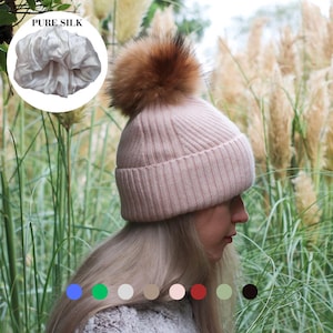 Cashmere & 100% PURE SILK Lined Hat – Winter Beanie with Fox Fur Pom Pom, Frizz-Free, for Curly Hair, Luxury Gift for Her