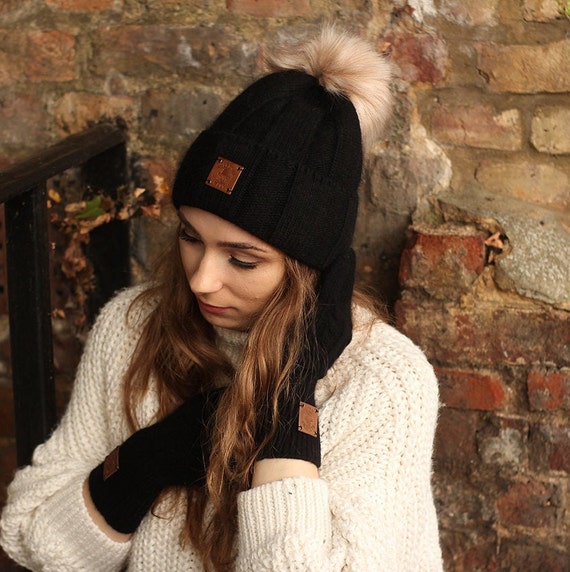 Cashmere and Wool Faux Fur Pom Pom Beanie Knit Hat Cozy 