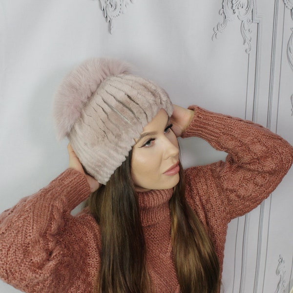 Véritable chapeau de fourrure de lapin, bonnet à pompon en fourrure de renard naturel, cadeau pour elle