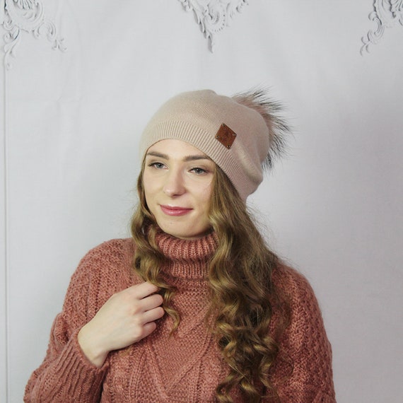 Cashmere Fox Fur Pom Pom Hat Cashmere Women Winter Double - Etsy