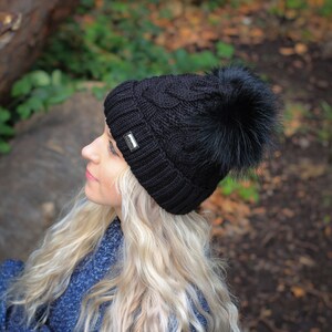 Winter woolen hat for ladies, fleece lining hat, pom pom beanie Black