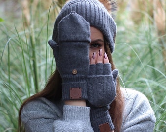 Cashmere Fingerless Gloves – Convertible Mittens, Flap Winter Gloves, Warm Soft Knit Gloves, Gift for Her