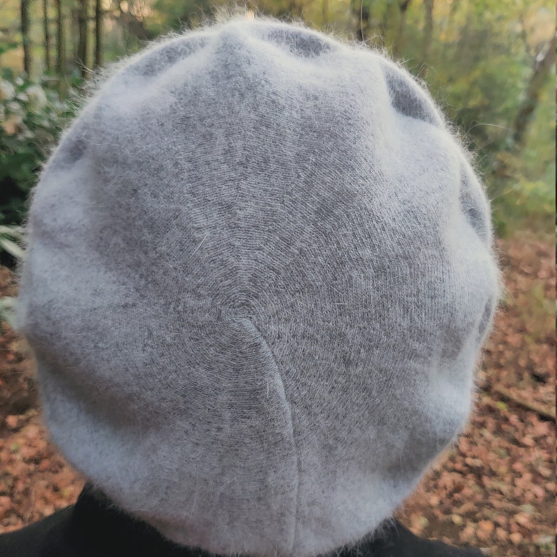 May include: A light gray fuzzy beret hat.