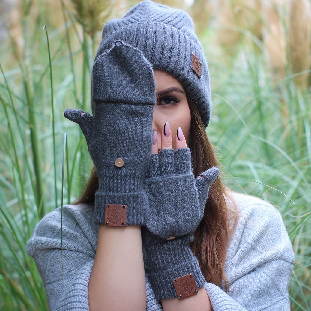 Cashmere Fingerless Gloves, Flappers Mittens Gloves, Convertible