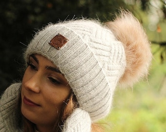 Cashmere faux fur pom pom hat, Women winter hat, Gift for her