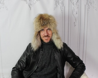 Real fox fur winter windproof men's hat, aviator leather waterproof hat, Gift for men