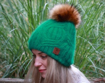 Cashmere fox fur pom pom hat, Women thick cashmere knit beanie, Gift for her