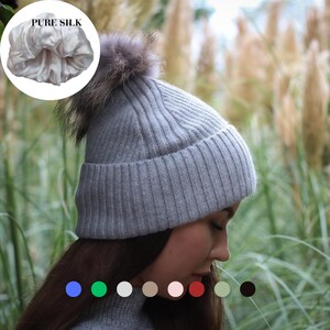 Cashmere & 100% PURE SILK Lined Hat – Winter Beanie with Fox Fur Pom Pom, Frizz-Free, for Curly Hair, Luxury Gift for Her