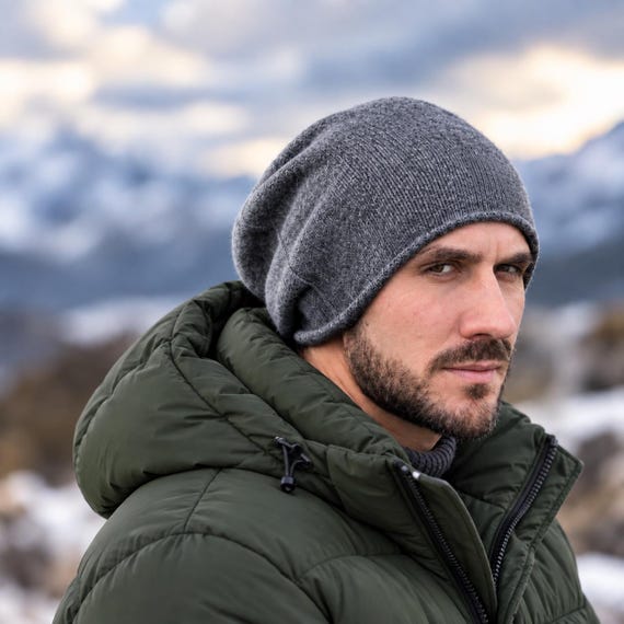 Cashmere slouchy hat, lightweight men's cashmere beanie, mens cashmere winter hat, gift for him