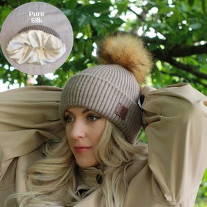 100% Pure Silk-Lined Cashmere Hat – Triple Layer Women’s Winter Beanie, Reduces Frizz, Faux Fur Pom Pom, Luxury Gift for Her