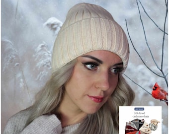 Met kasjmier en satijn gevoerde dameshoed, winddichte winterbeanie, ideaal voor dik, krullend, pluisvrij haar, cadeau voor haar