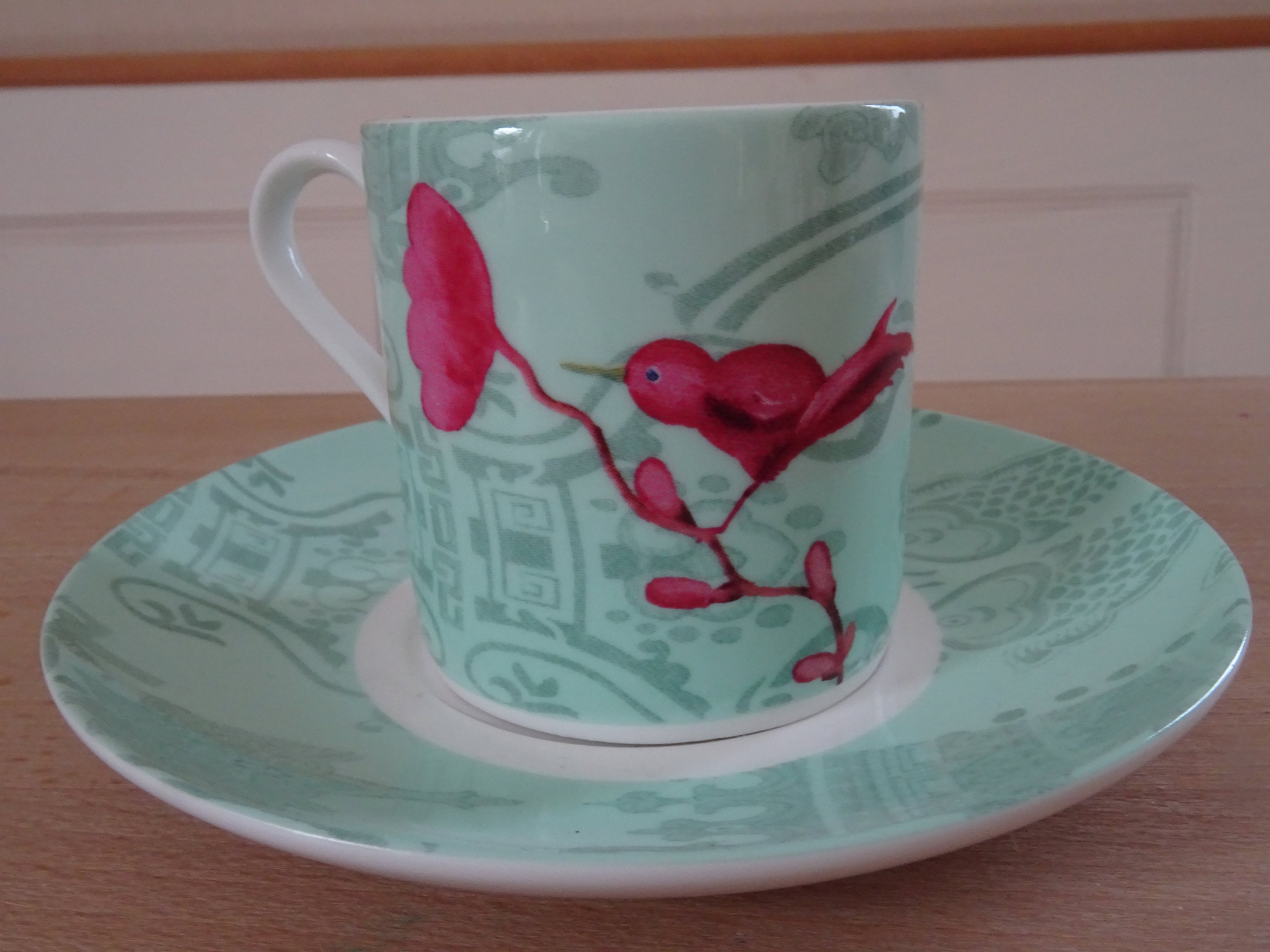 Australian Espresso Cup in Bright, Patterned, Green, With Bird