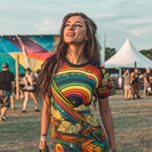 レトロなレインボーTシャツドレス、80年代風の幾何学模様のチュニックでカラフルなヴィンテージ風の装いに、アーケード風のフェスティバルファッションに