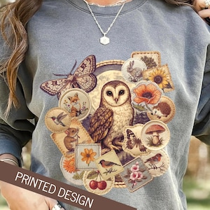 Nature Badge Aesthetic Sweatshirt, Forest Creature Faux Patch Crewneck, Barn Owl and Moth Graphic on Comfort Colors Shirt