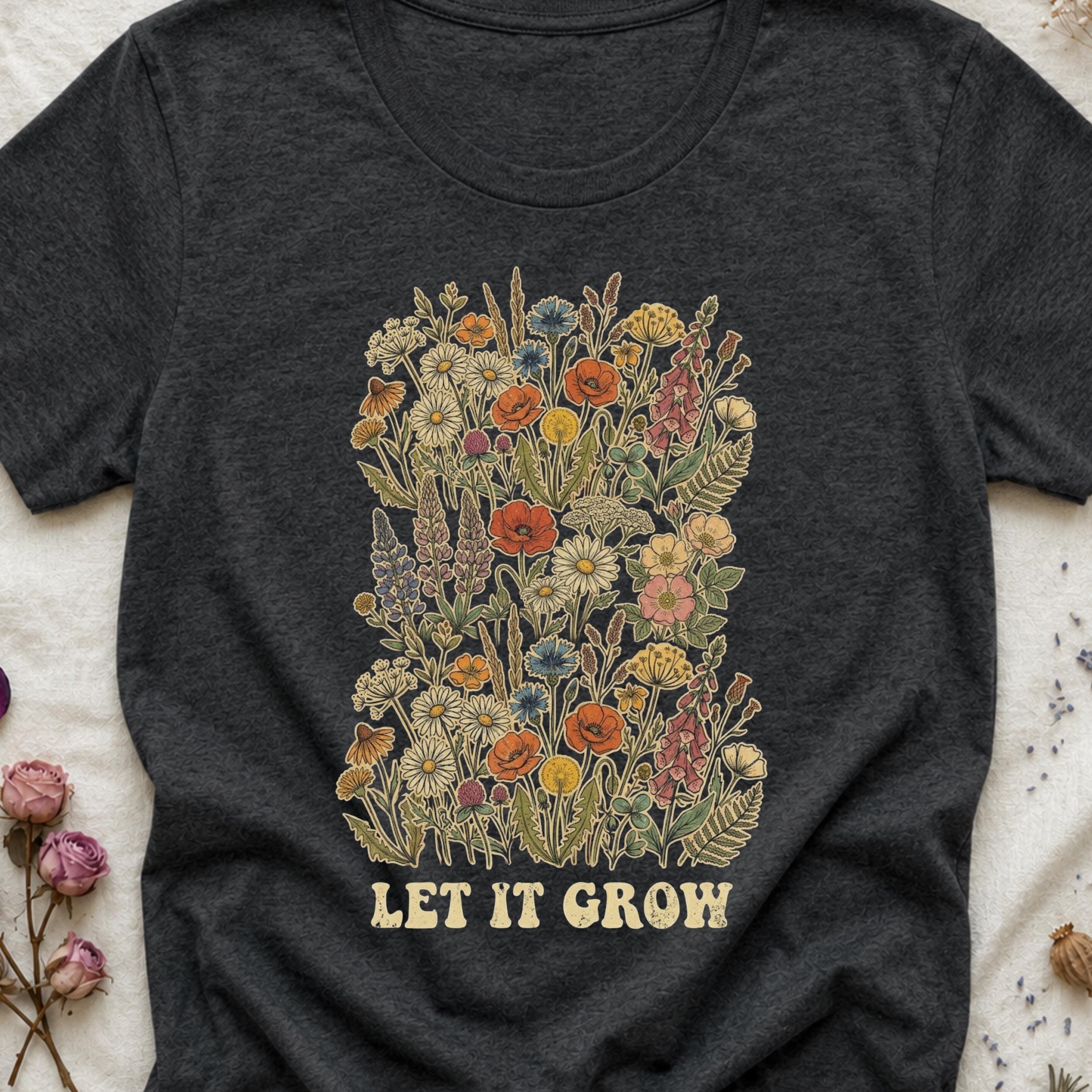 Boho Retro Floral Tee | Thin Lightweight Drapey Cotton | "Let It Grow" Wildflower Collage Shirt for Nature Lovers & Wild Spirits