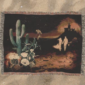 Desert Moon Lovers Woven Blanket, Gothic Romantic Cactus Art Throw, Southwestern Castle Tapestry, Cozy Dark Western Home Decor