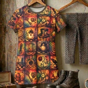 Wonderland Patchwork Tunic Dress, Alice Inspired Shirt Dress, Whimsical Storybook Tunic, Fantasy Collage Dress