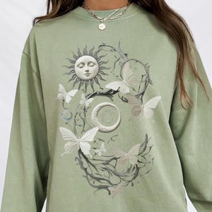 Celestial Sun Moon Sweatshirt: Bohemian Butterfly Mystical Crewneck