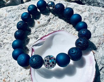 Druzy beaded bracelet, lava stone bracelet, blue bracelet, natural stone bracelet, multicolor pave bead bracelet, infusions oil bracelet.