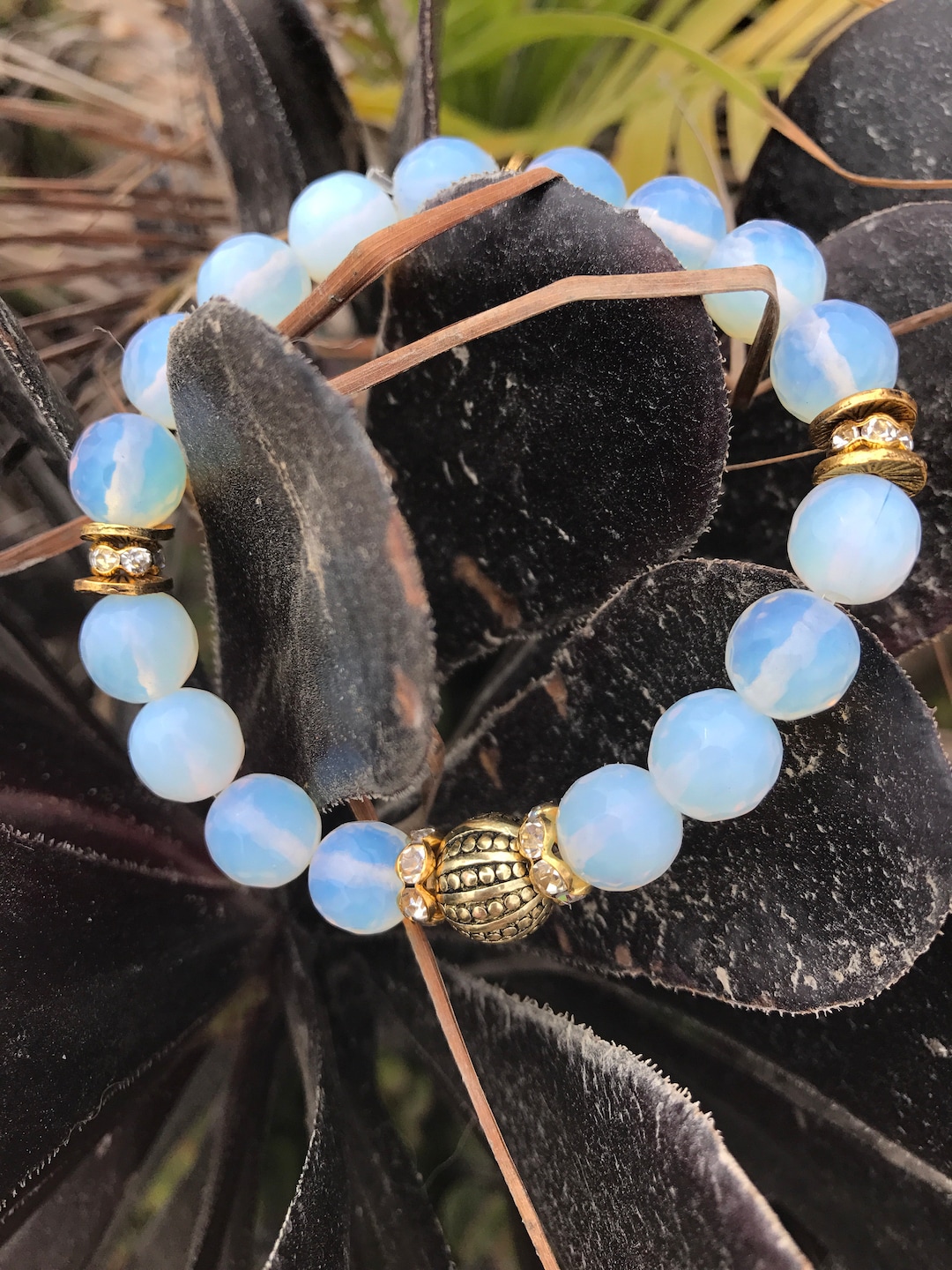 White Opal Beaded Bracelet, Gold Bead Bracelet, Women's Bracelet, Gold