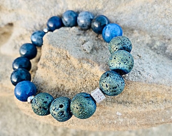 Sodalite beaded bracelet, blue bracelet, lava stone bracelet, diffuser bracelet, aromatherapy bracelet, gemstone bracelet, silver bracelet