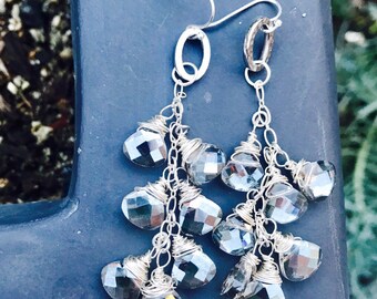 Dangle and drop silver earrings,  sterling silver earwire, wire wrapped silver Swarovski crystal teardrop beads, boho earrings, chandelier
