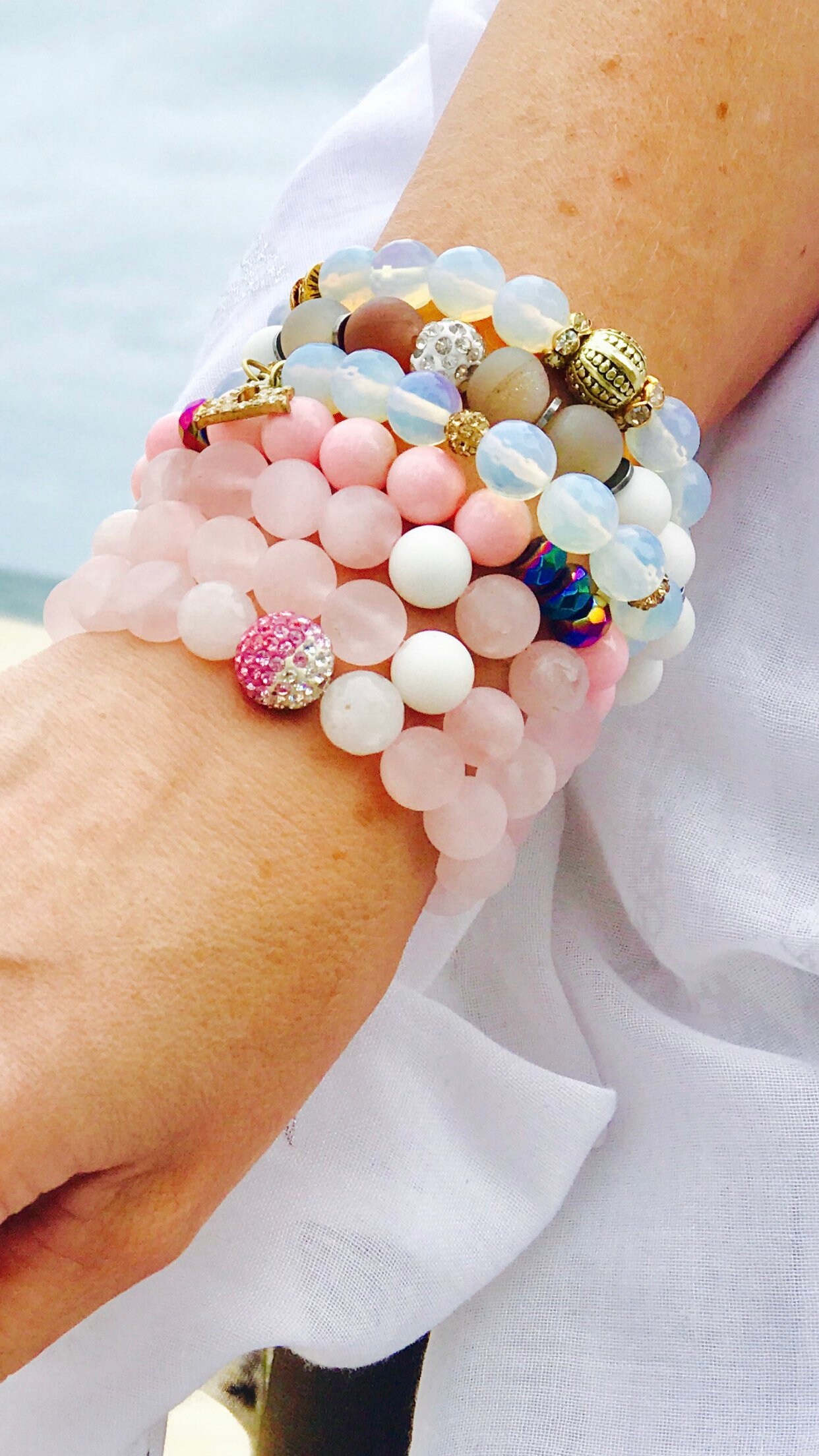 White Opal Beaded Bracelet Gold Bead Bracelet Women's Etsy