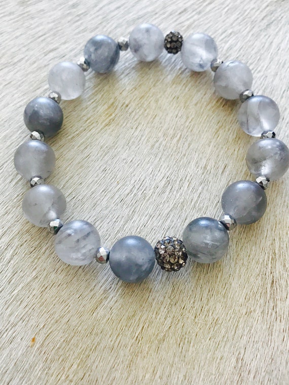 Grey Cloudy Quartz Beaded Bracelet Gemstone Bracelet Silver | Etsy