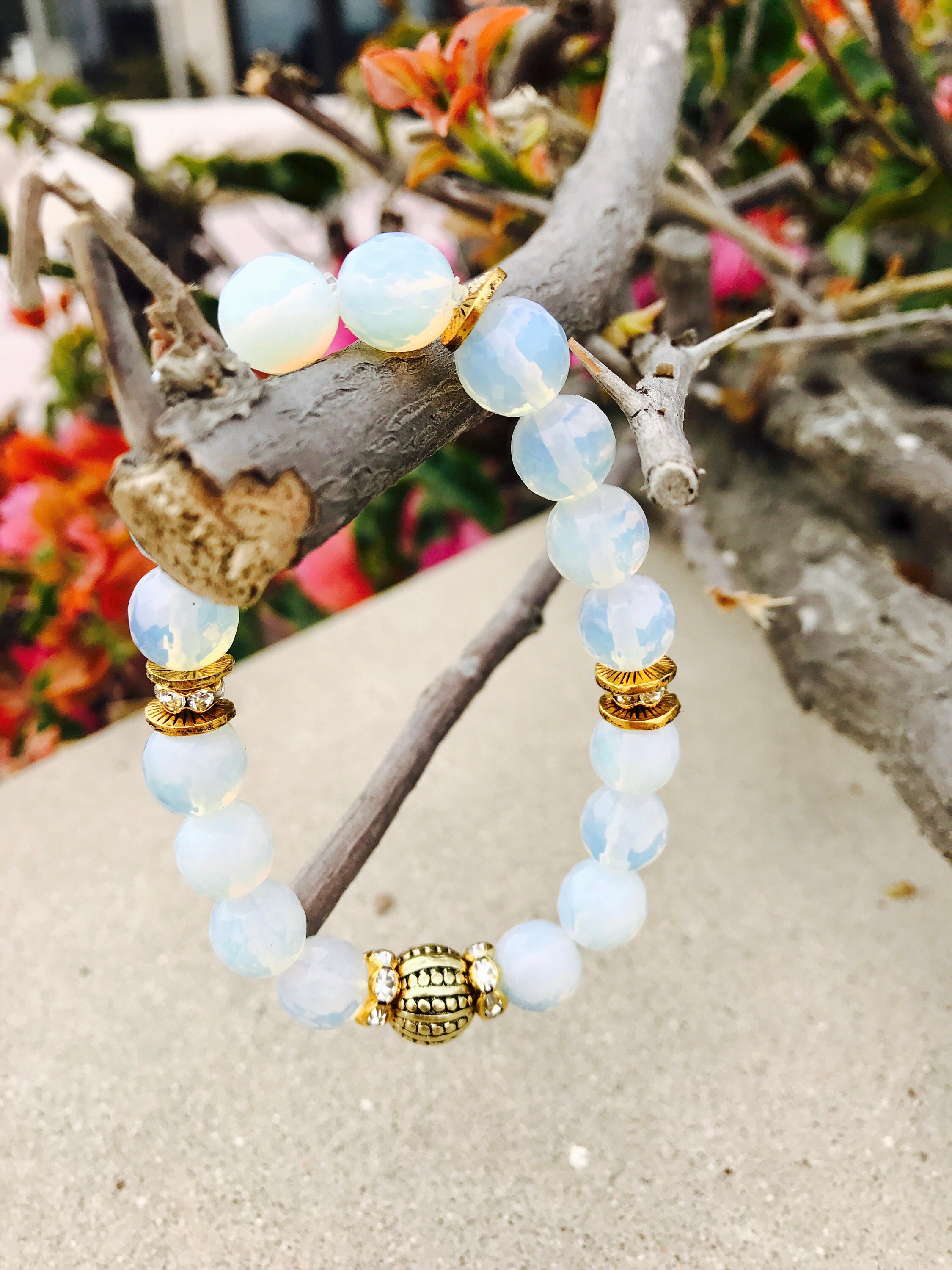 White Opal Beaded Bracelet Gold Bead Bracelet Women's Etsy