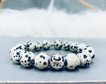 Dalmatian jasper bracelet, beaded bracelet, white bracelet, black spot bracelet, bracelet for women, gemstone bracelet, silver bracelet